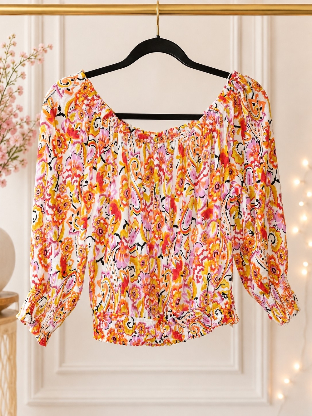 Nicole Miller Floral Paisley Off the Shoulder Smocked Peasant Blouse Top Size L